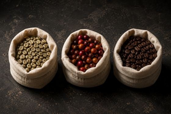 Sacks of green beans, cherries and roasted beans