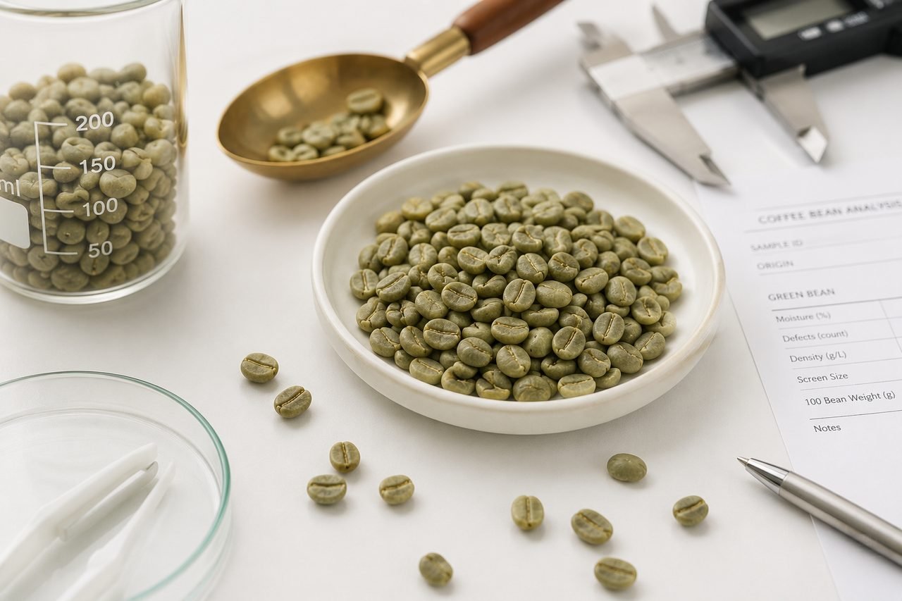 Green coffee beans on a dish beside a digital caliper and a coffee bean analysis form