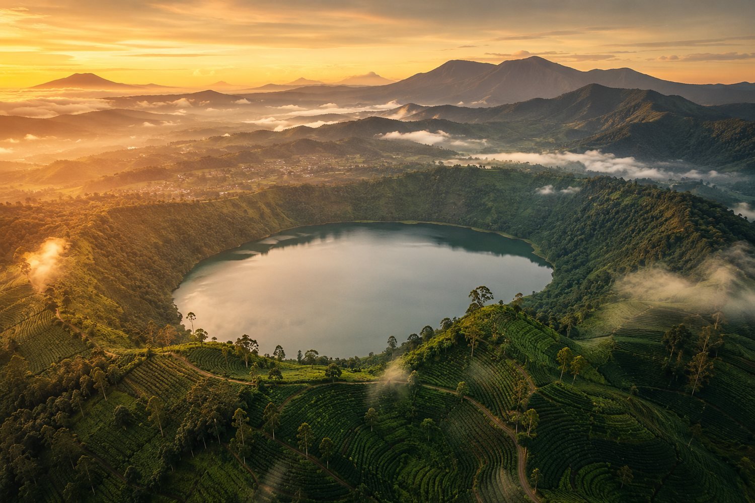 Aerial view of the West Java highlands at sunrise — coffee and tea terraces around a crater lake
