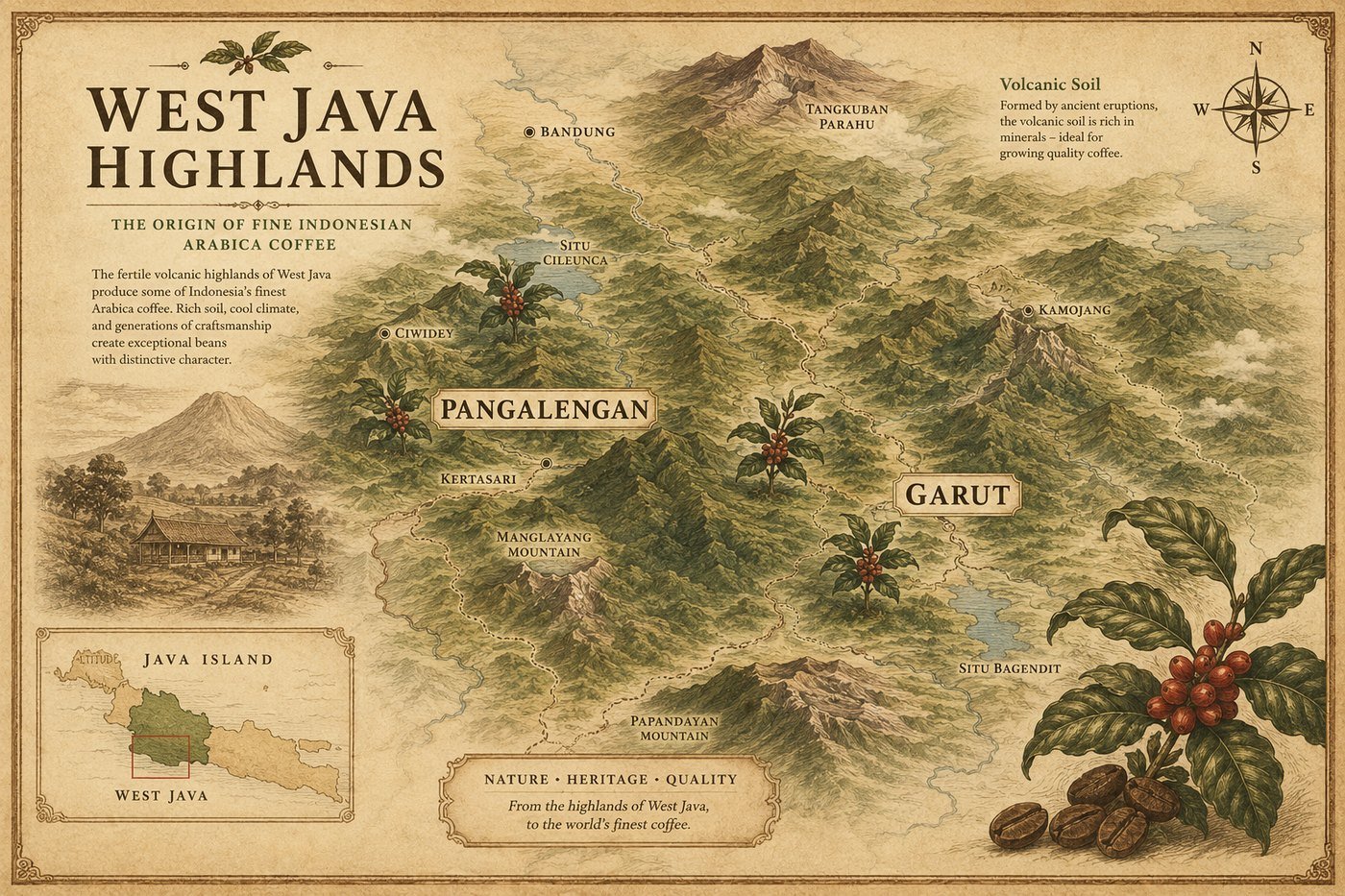 Illustrated map of the West Java highlands showing Pangalengan, Garut, Ciwidey, Bandung and surrounding volcanoes