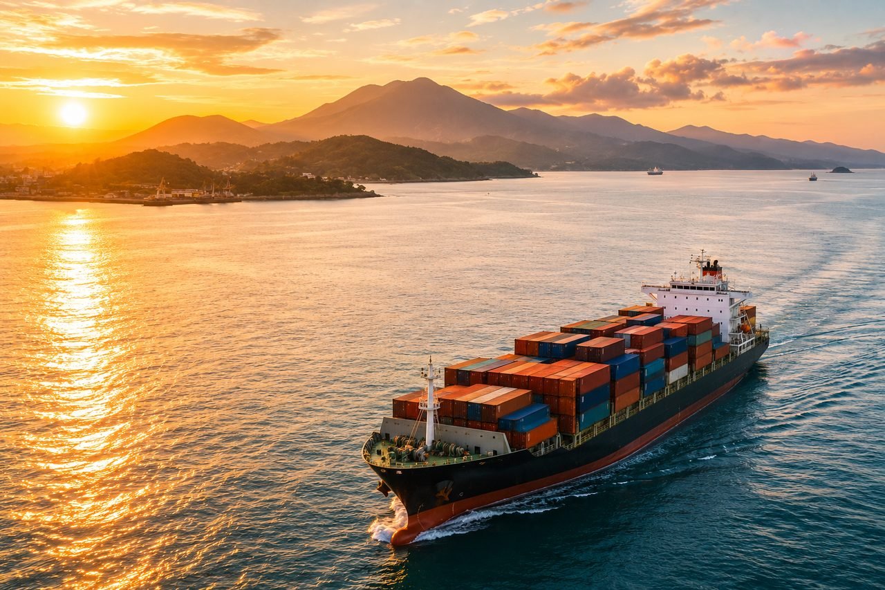 Container ship leaving port at sunset